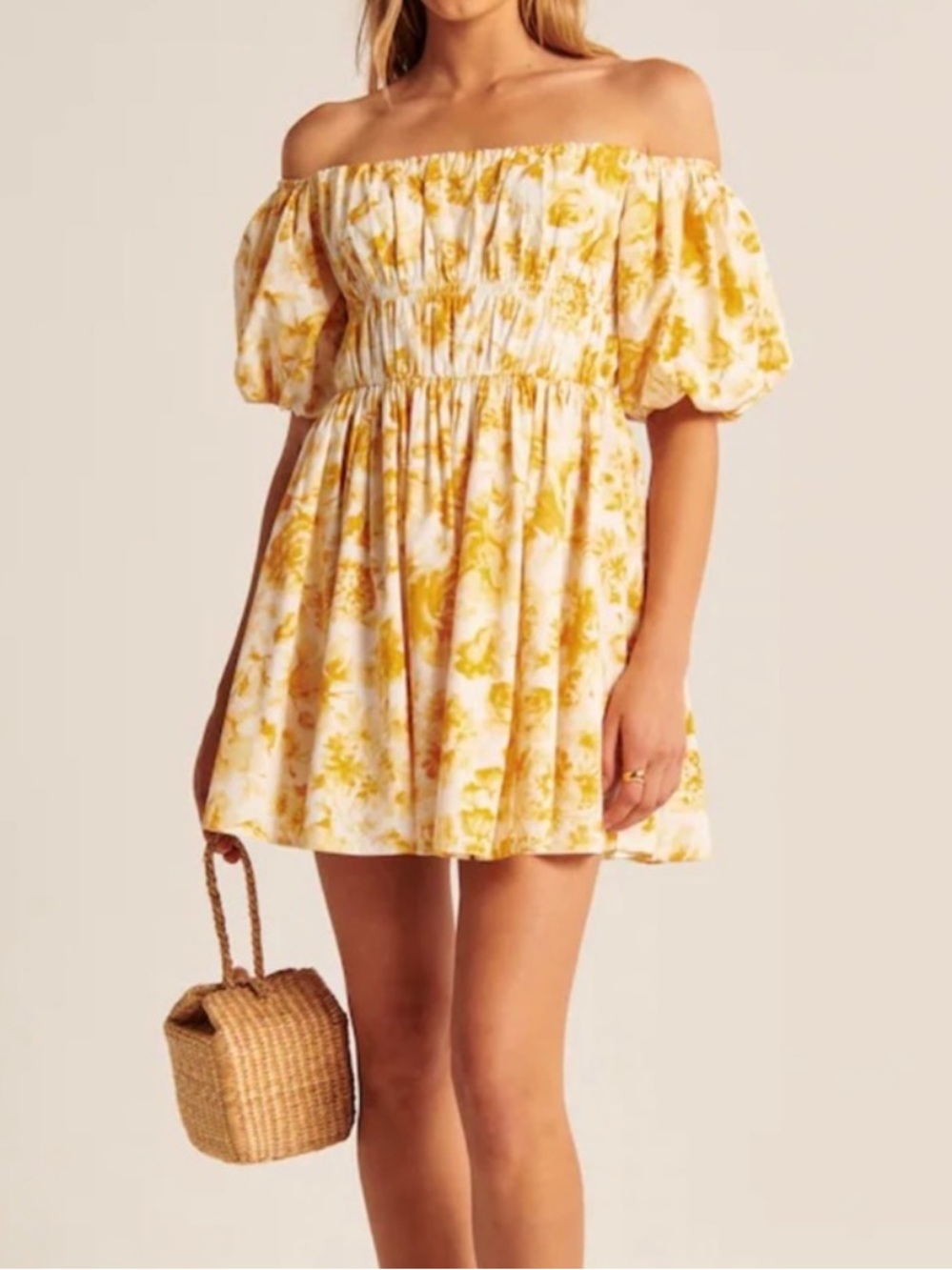 Abercrombie & Fitch Yellow Floral Off-Shoulder Mini Dress